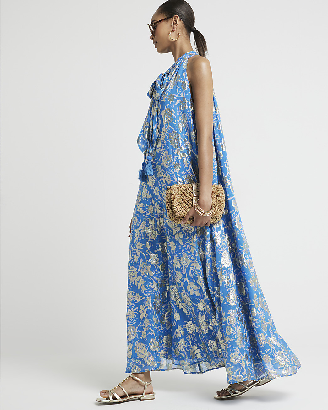 Blue floral glitter shift maxi dress | River Island (UK & IE)