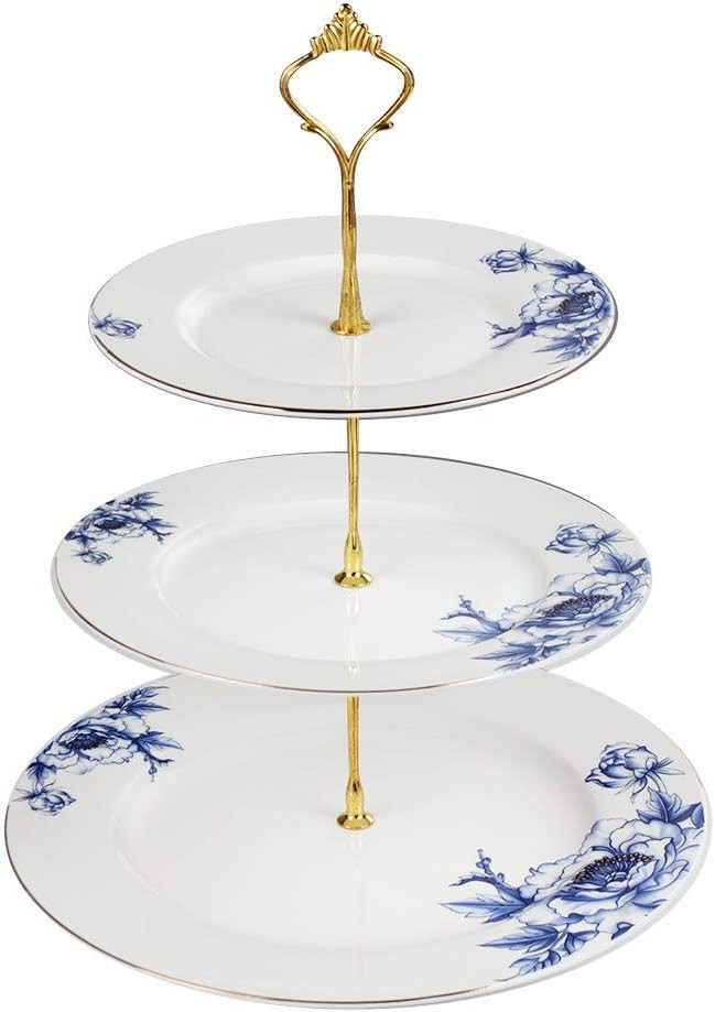 Gold Trimmed Blue Floral 3 Tier Cake Stand, Dessert Stand, Cupcake Stand | Amazon (US)