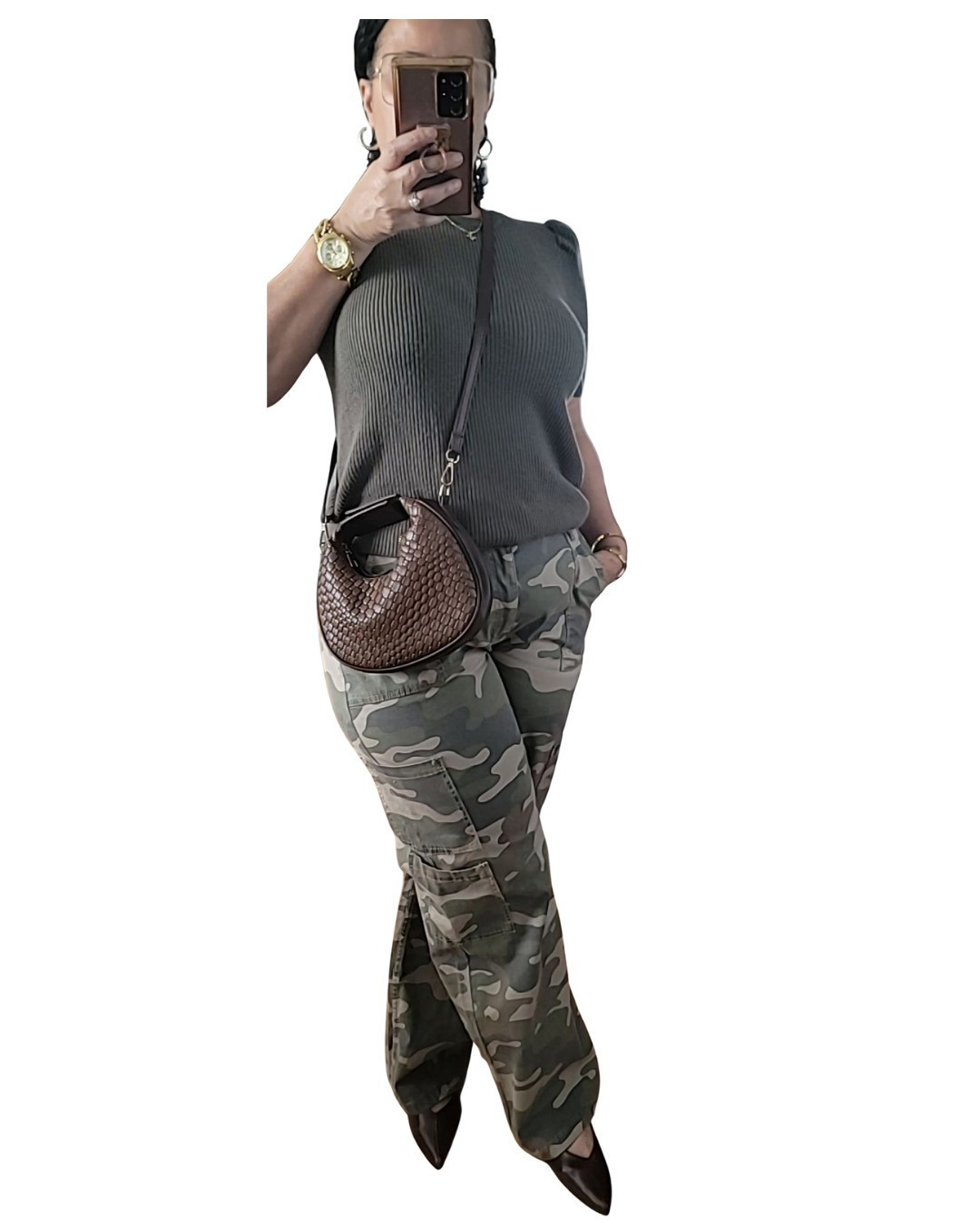 Camo, but make it chic 💚 Styled my favorite cargo pants with soft neutrals, gold accessories, and pointed heels for that elevated everyday look. Effortless, modern, and ready for anything.#CamoOutfit #CargoPantsStyle #ElevatedCasual #OOTD

#LTKOver40 #LTKStyleTip #LTKMidsize