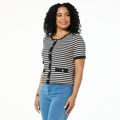 G by Giuliana Striped Ribbed Knit Short Sleeve Cardigan - Black & Ivory - Size 2X | HSN