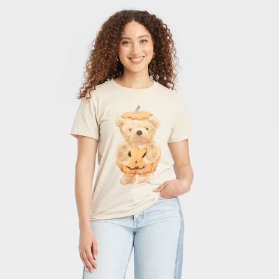 Women's Teddy Bear Pumpkin Short Sleeve Graphic Boyfriend T-Shirt - Beige | Target