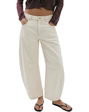 utcoco Women's Y2k Barrel Leg Jeans Boyfriend Mid Rise Wide Leg Cropeed Denim Pants | Amazon (US)