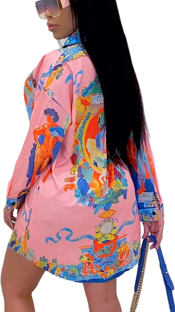 Women's Shirt Dresses Button Down Colorful Blouses Long Sleeve Floral Print Tops Loose Collar Sex... | Amazon (US)