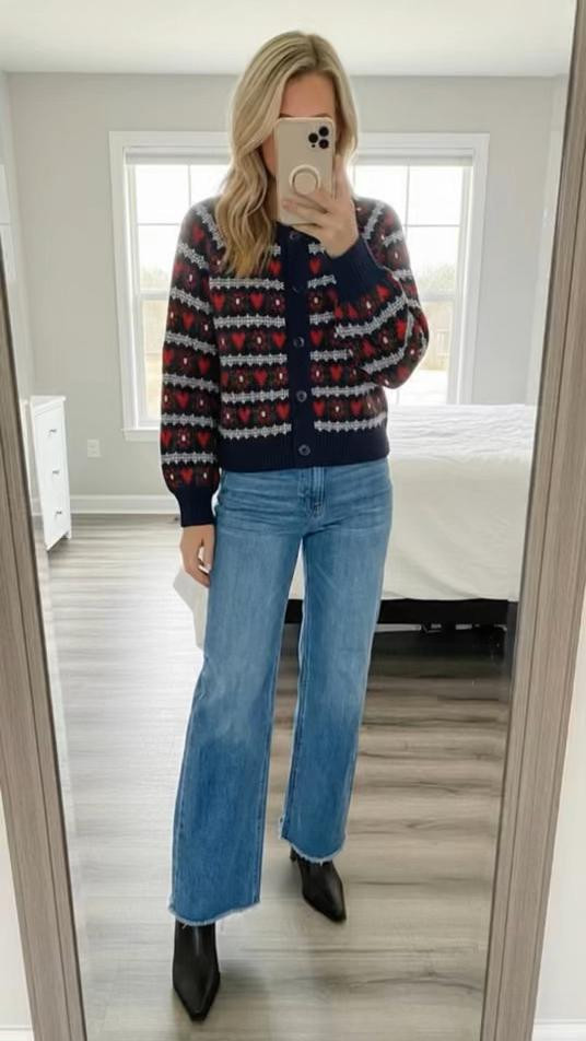 Valentine’s Day casual but cute 💘**
This Old Navy cardigan is the easiest way to feel festive without going over the top. Paired with classic jeans, it’s cozy, flattering, and perfect for school drop-off, lunch dates, errands, or a low-key Valentine’s Day vibe. Soft, comfy, and totally wearable all month long — not just February 14th.

**Keywords:** Valentine’s Day outfit, heart cardigan outfit, Old Navy cardigan, casual Valentine look, jeans and cardigan outfit, cozy chic style, affordable fashion finds, winter outfit inspo, everyday mom style, LTK casual outfits


#LTKSeasonal #LTKOver40 #LTKSaleAlert