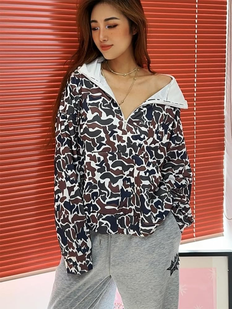 Oversized Quarter Zip Pullover Women Camo Zip Up Hoodie Purple Camo Hoodie Womens Colorful Patchw... | Amazon (US)
