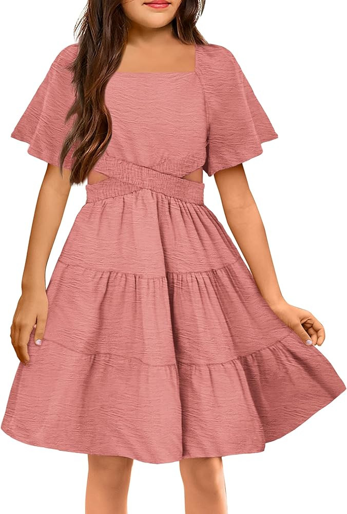 Arshiner Girls Dresses Square Neck Cut Out Shirred Party Cute Tween Dress | Amazon (US)