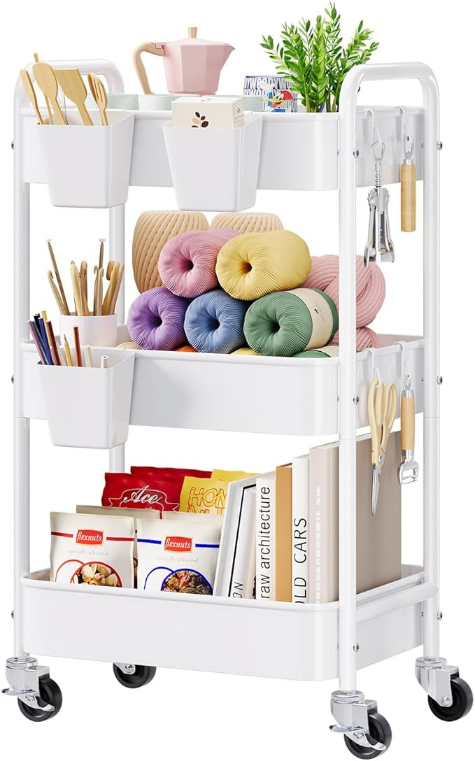 3 Tier Rolling Cart Metal with Wheels, White Three Tiered Craft Cart Organizer on Wheels, Storage... | Amazon (US)