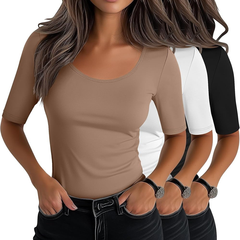 Neer 3 Pack Women's Scoop Neck Stretchy Tops Cotton Half Sleeve Slim Fitted T-Shirts Tight Casual... | Amazon (US)