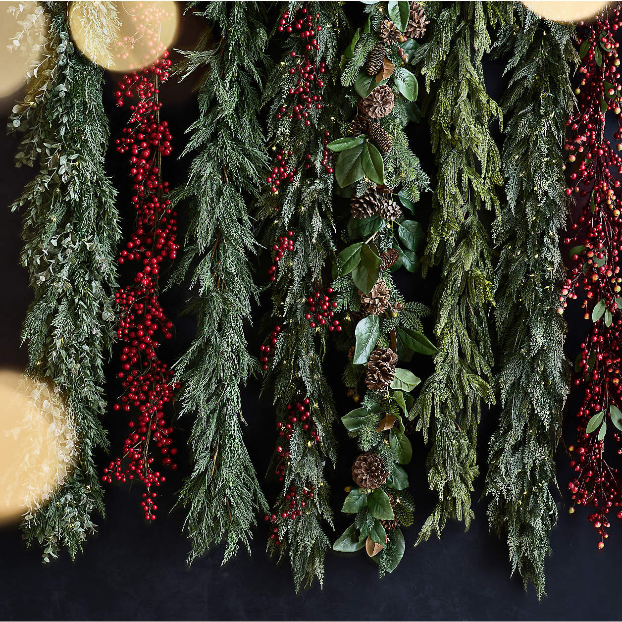 Faux Hemlock Pine Pre-Lit LED Real Touch Christmas Garland 6' + Reviews | Crate & Barrel | Crate & Barrel