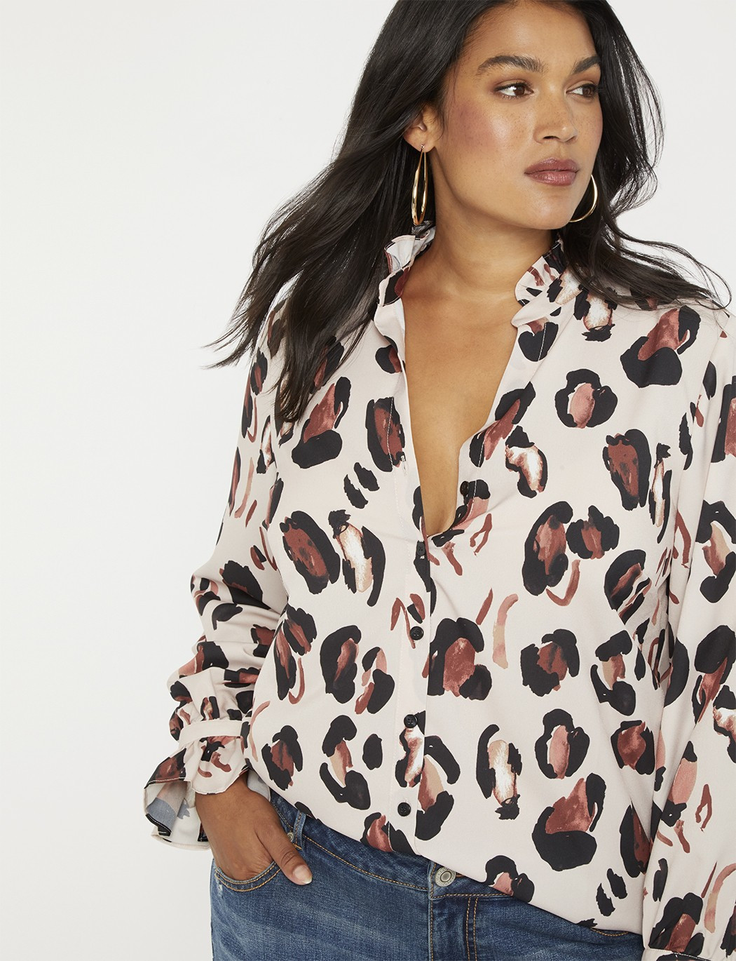 Printed Button Down Shirt W/ Ruffle Neck | Eloquii