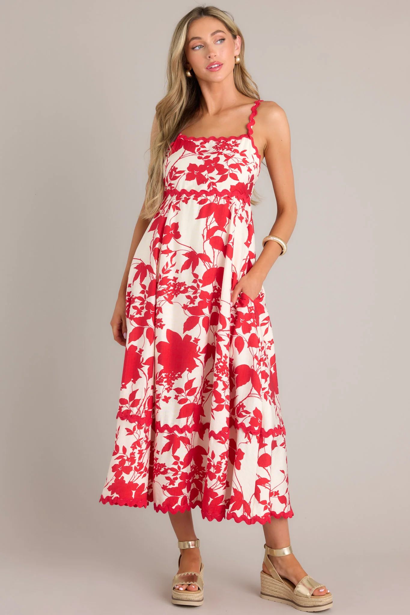 Cherry Blossom Bliss Red Floral Midi Dress | Red Dress