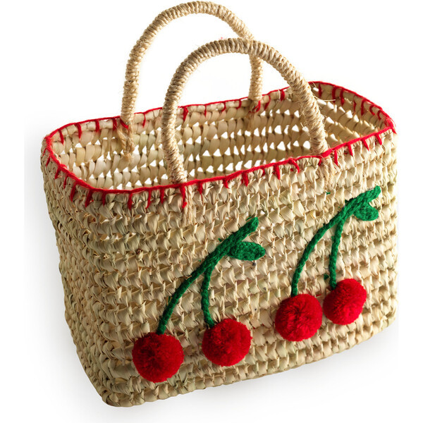 Cherry Embroidered Straw Beach Bag, Red | Maisonette