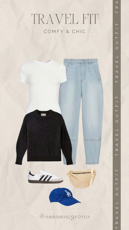 A comfy & chic airport outfit! Love pairing a tee with a sweater in case you are cold or hot. Sambas comfortable for all day wear, crossbody for easy access to things & a pop of color with a baseball cap.

#LTKstyletip #LTKtravel #LTKover40