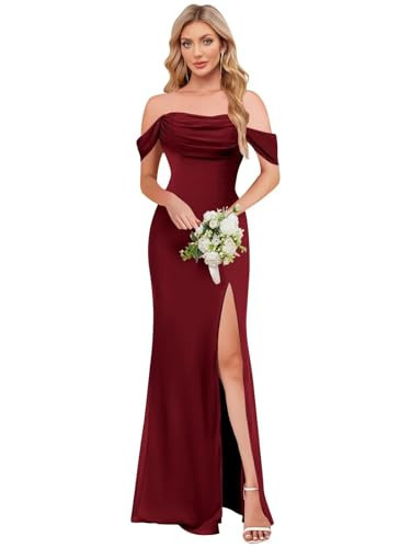 BOLENSYE Burgundy Plus Size Bridesmaid Dresses Long for Wedding Off The Shoulder Pleated Chiffon Formal Gown US16W | Amazon (US)