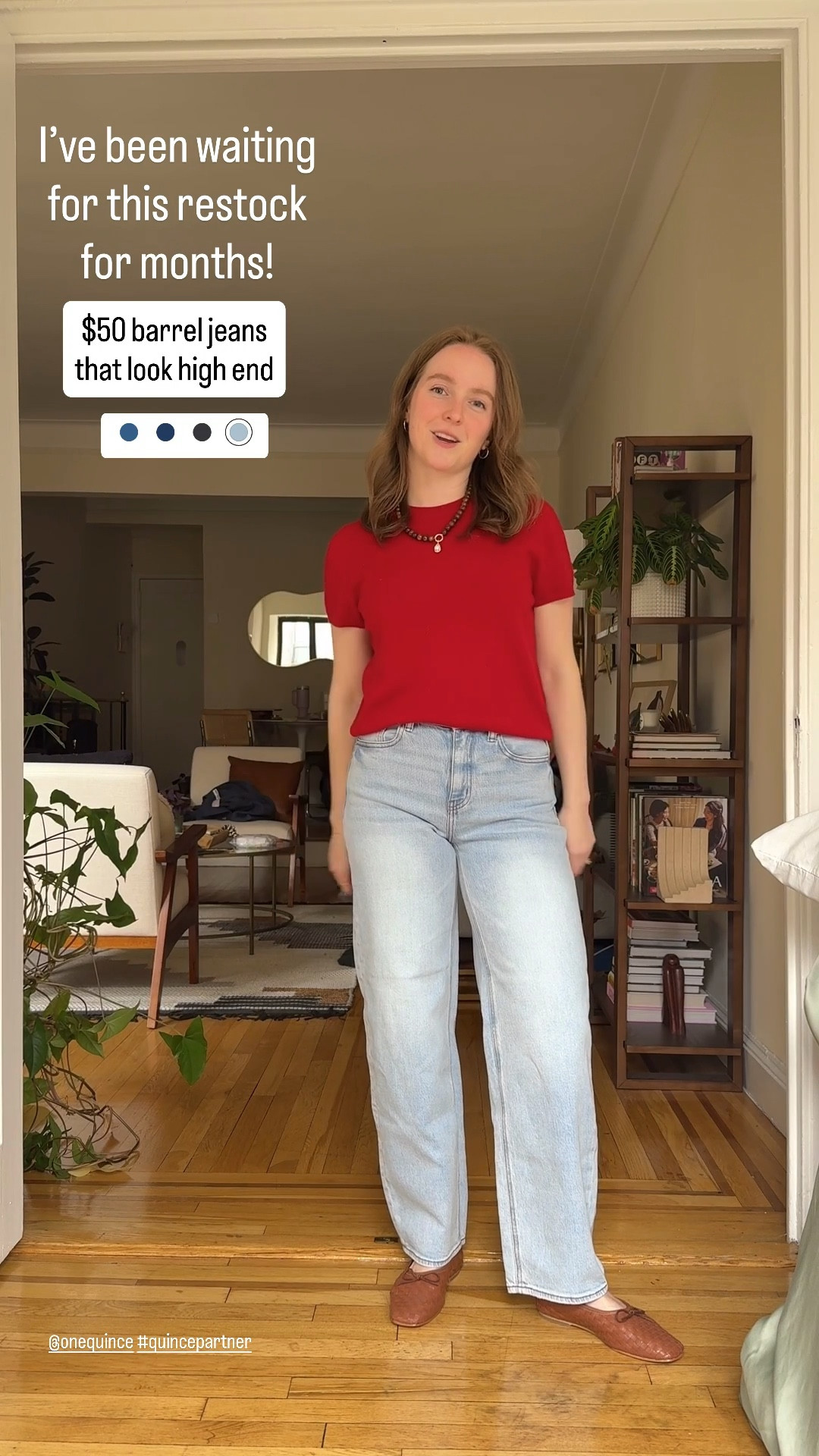 Quince barrel jeans are BACK! $50 and free shipping. Wearing 25 my the size I’m 5ft 2 117 lbs. small cashmere sweater tee (size up 1) 7 leather flats @onequince #quincepartner