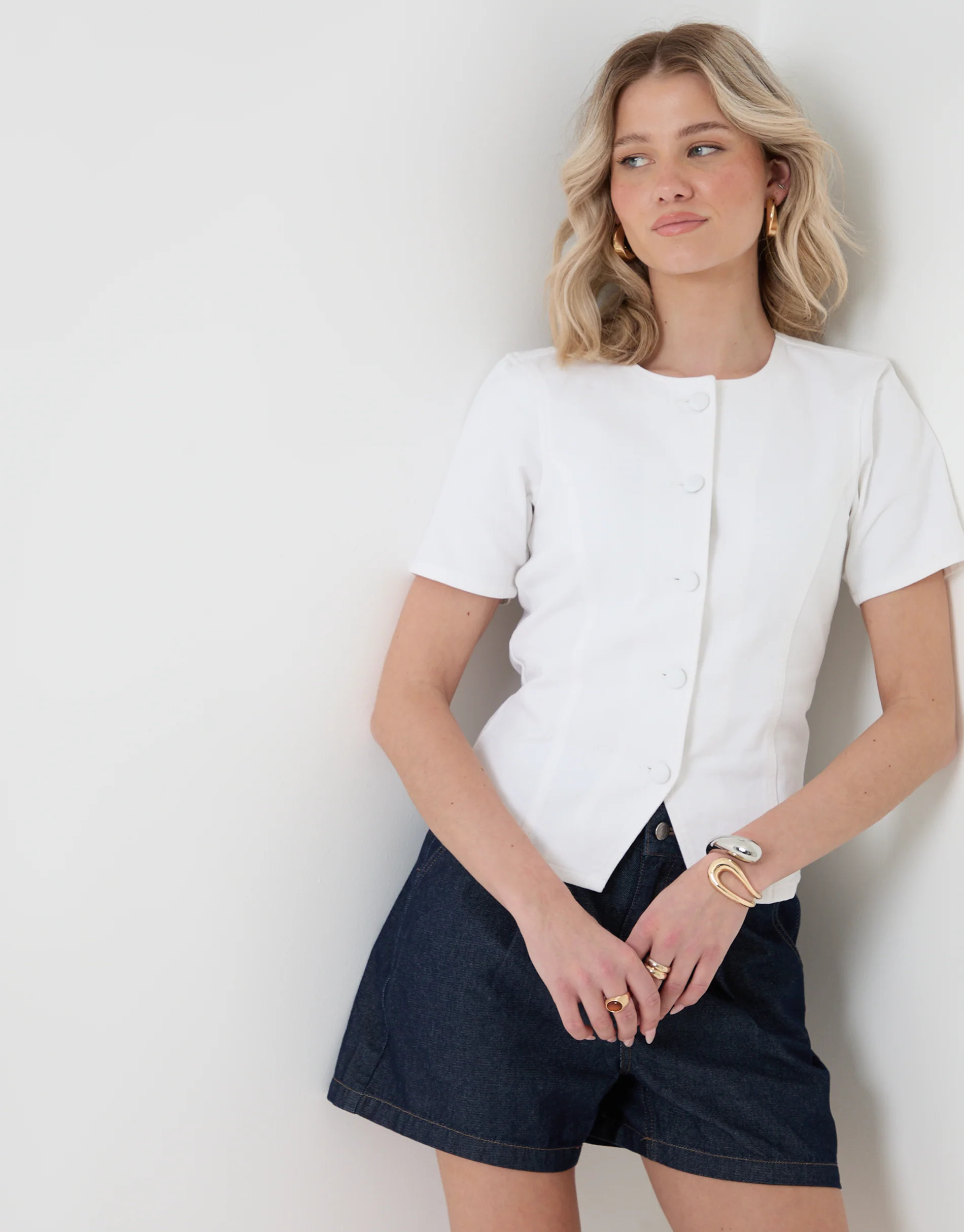Denim Longline Angel Sleeve Top in White | Threadbare UK