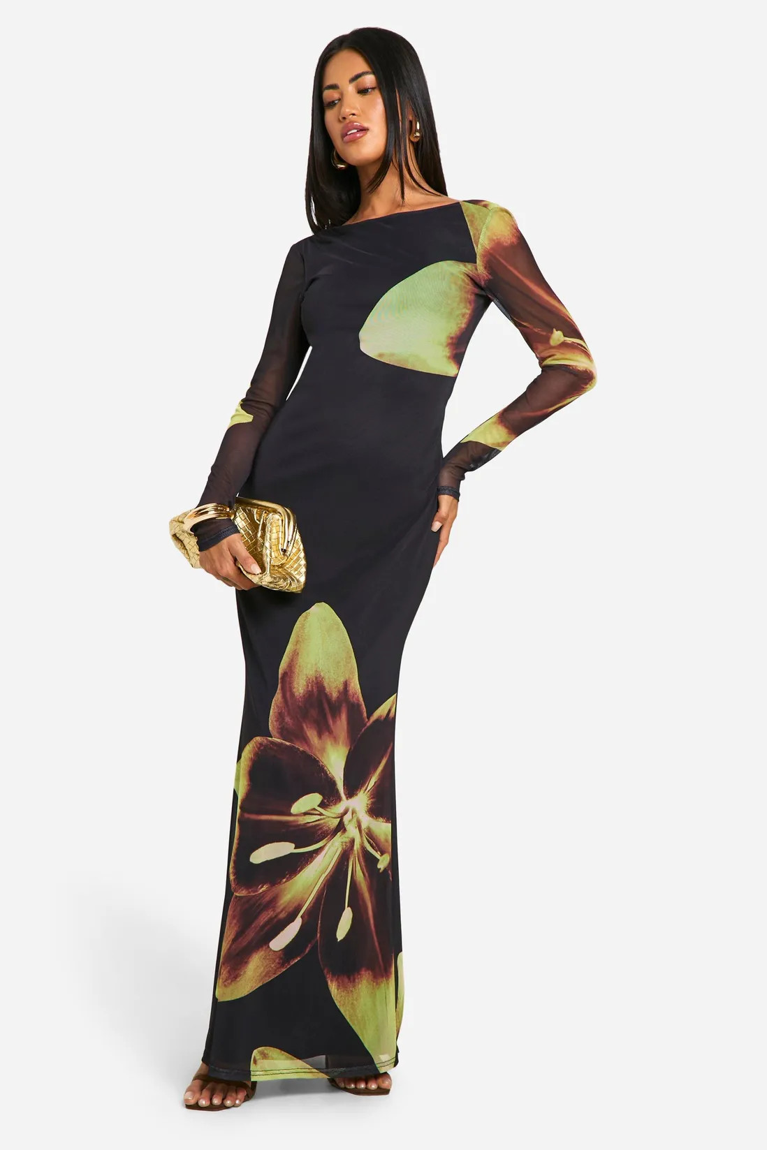 Cowl Back Floral Mesh Maxi Dress | boohoo (US & Canada)