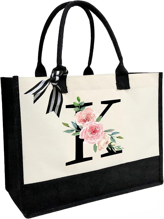 XIGGA Initial Canvas Beach Tote Bag, Personalized Gifts for Women, Mom, Friends, Teachers and Bri... | Amazon (US)