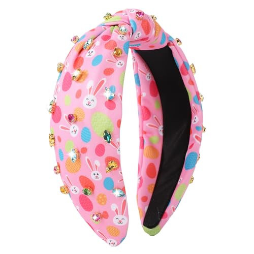 IDDFEVE Easter Headband for Women - Rhinestone Knotted Design with Bunny Eggs Hair Hoop, Rabbit Festive Wide Hair Accessory with Jeweled Crystal (Pink) | Amazon (US)