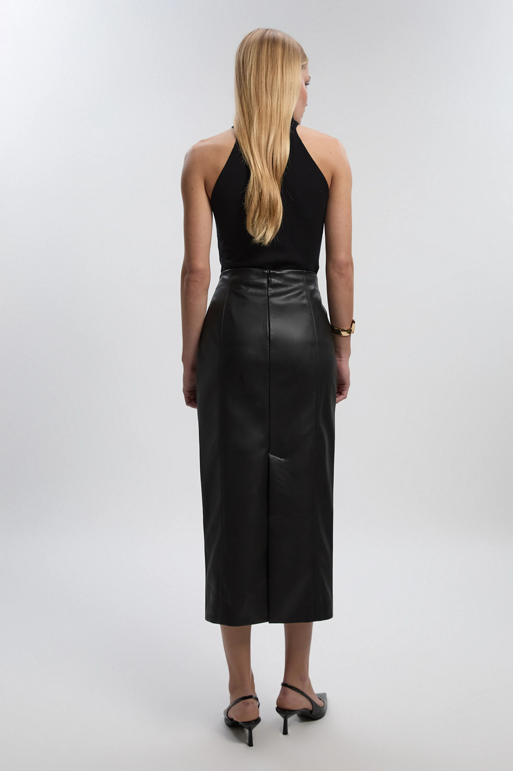 Faux Leather Seam Waist Detail Pencil Midi Skirt | Karen Millen UK + IE + DE + NL