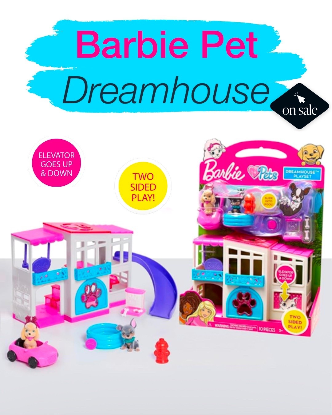 Barbie pet Dreamhouse sale alert! Set includes: two puppies, one dreamhouse one food dispenser with a bone, one frisbee, one hydrant, one pet convertible, and one pool.
Each pet stands 1” tall
Perfect for both play and display.
Ages 3+ 

#LTKmomlife #LTKKids #LTKSaleAlert
