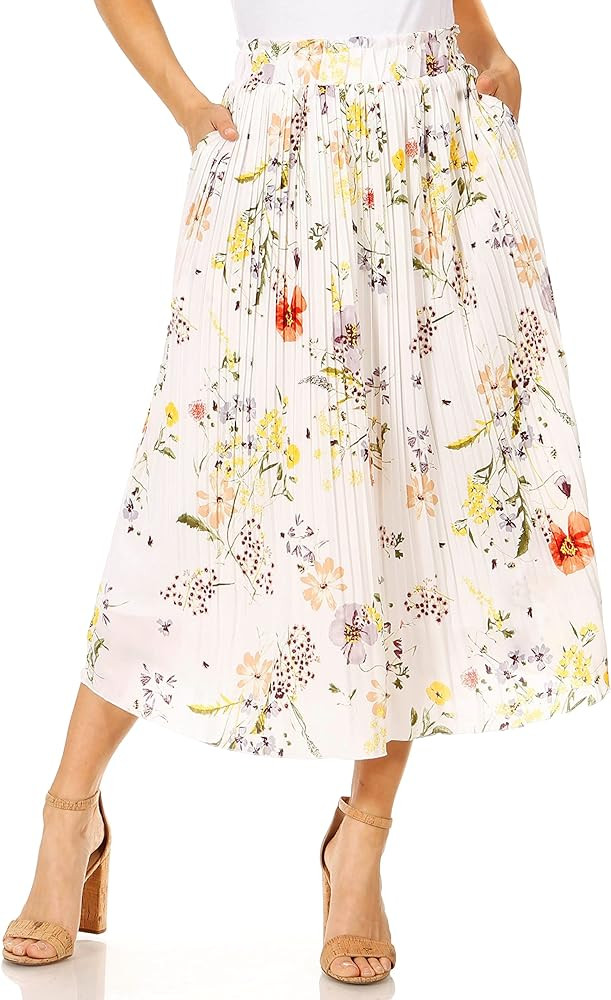 Pleated Midi Skirts for Women with Pockets, Elastic High Waisted Skirt Reg & Plus Size Womens Sum... | Amazon (US)