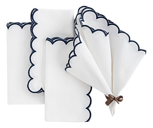 Navy Blue and White Napkins, 100% Cotton Cloth, Scalloped, Set of 4, Embroidery, Wedding, Farmhouse, Washable, Blue Linen Napkins, 18x18 | Amazon (US)