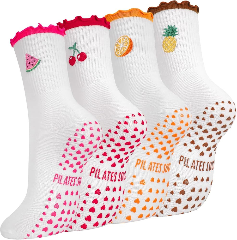 4 Pairs Cute Pilates Socks Women Grippy Athletic Crew Yoga Socks for Barre Workout Hospital | Amazon (US)