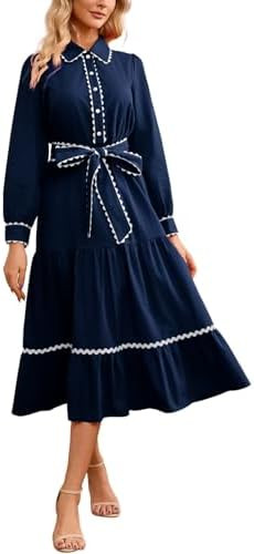 LifeShe Button Down Dress for Women 2026 Spring Casual Long Sleeve Belted Tie Elastic Waist Tiere... | Amazon (US)