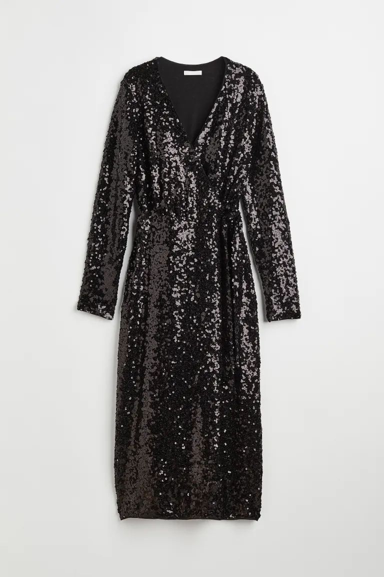Sequined Wrap Dress - Black/sequins - Ladies | H&M US | H&M (US + CA)