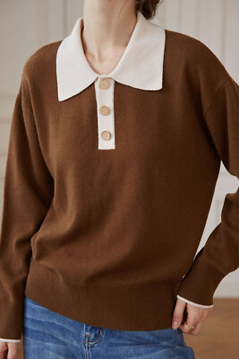 NWT Simple Retro Selena Polo Contrast Collar 100% Wool Knit Sweater - Brown, XL | eBay US