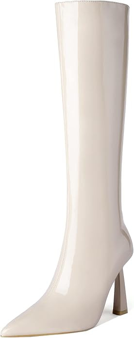 vivianly Women's Frosted Pointed Toe Booties Knee High Chunky Heel With Zipper Boots | Amazon (US)