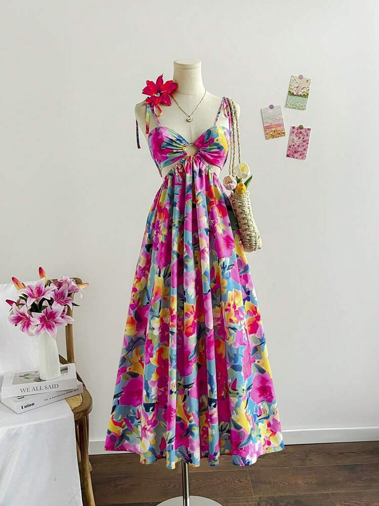 Soleia Beach Outfits For Woman Summer Dresses For Vacation Women's Colorful Floral Painting Print Drawstring Waist A-Line Midi Dress With Ruched Shoulder Straps, Vacation Style | SHEIN