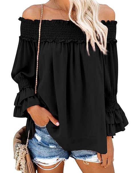 Blooming Jelly Women's Off Shoulder Chiffon Blouse Ruffle Sleeve Flattering Top Shirt | Amazon (US)
