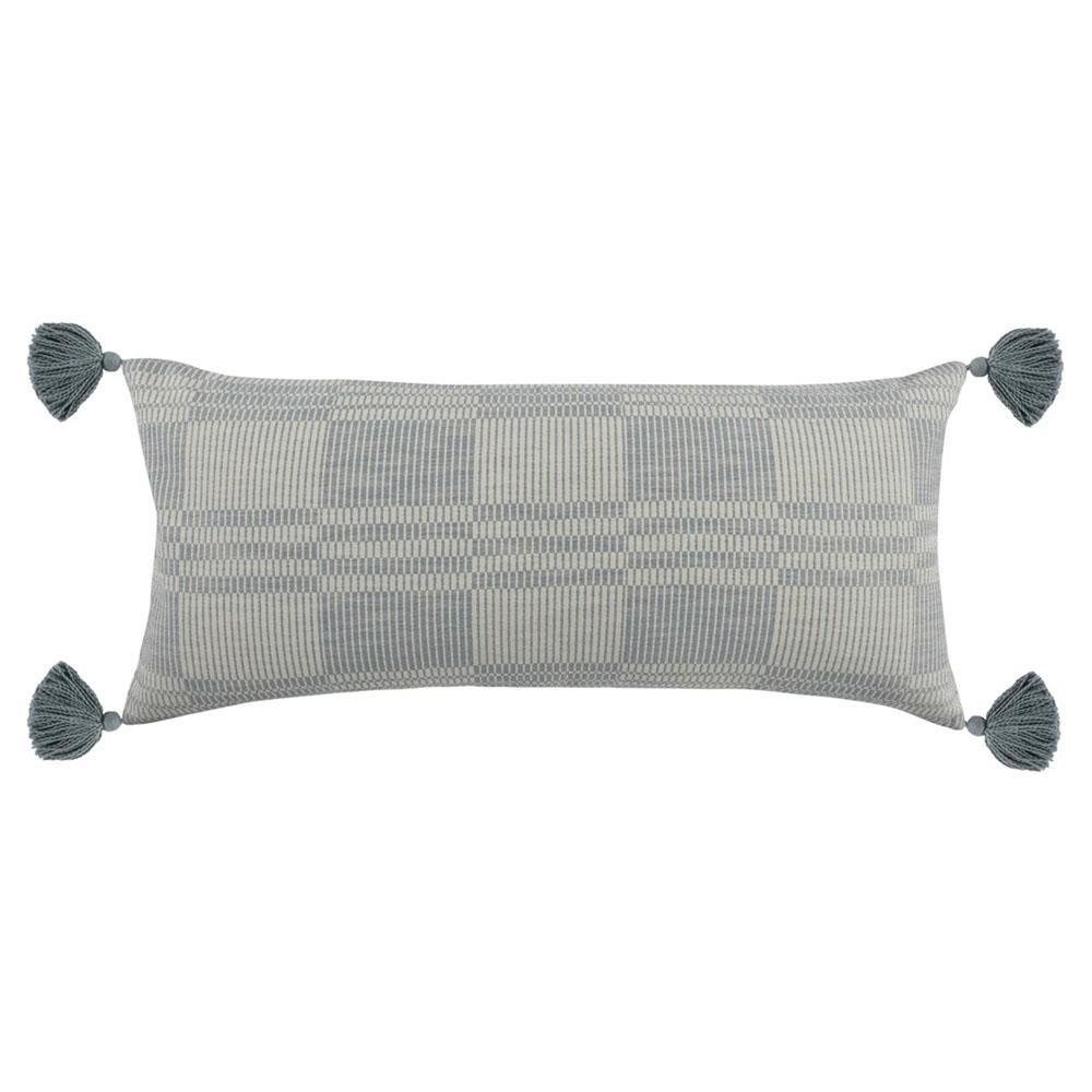 Nalla Modern Classic Blue Cotton Tassel Lumbar Pillow - 16x36 | Kathy Kuo Home