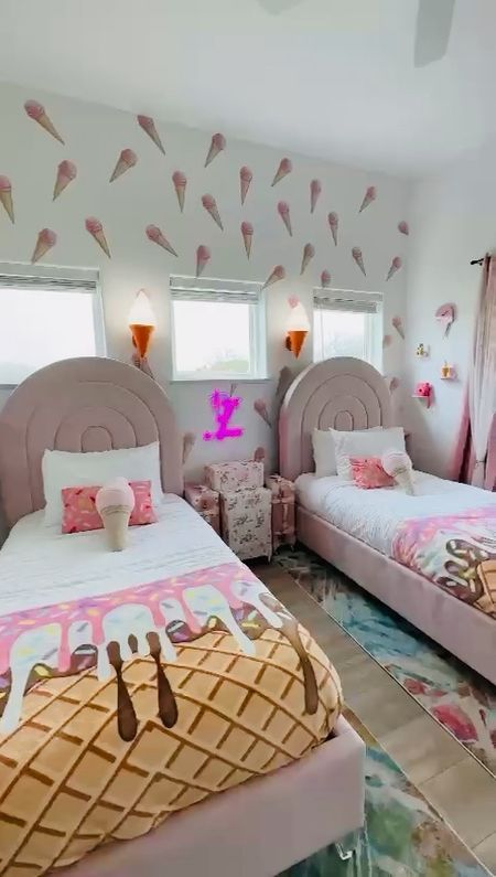 Our vibrant pink, twin bedroom with ice cream theme includes sundae sprinkles rectangular throw pillow and blanket, led night light lamp, elegant vibrant chandelier lighting fixture, pink floating square shelves, multicolor woven rug carpet, upholstered velvet bed with curved round headboard, light pink floral vintage retro rolling luggage suitcase, wall accents

- bedroom design, bedroom makeover, bedding, amazon, walmart, etsy, wayfair, lowes, modern home decor, home styling, home design inspiration, home ideas, best interior design, home accessories, furniture, house decor, fall decor, holiday decor, home accents, home styling, home design

#LTKtindsunder100 #LTKVideo #LTKhome #LTKsalealert #LTKstyletip #LTKfamily #LTKfindsunder50