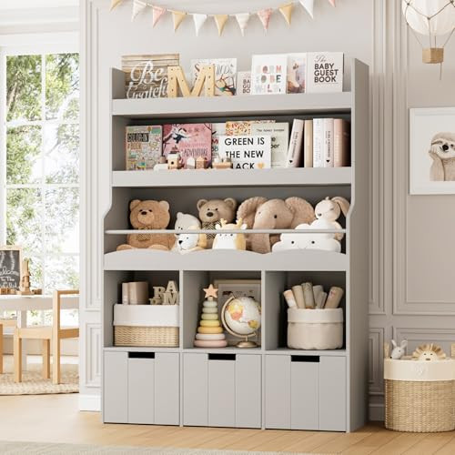 HITHOS Toy Storage Organizer w/Bookshelf & Stuffed Animal Organizer, Gray | Amazon (US)