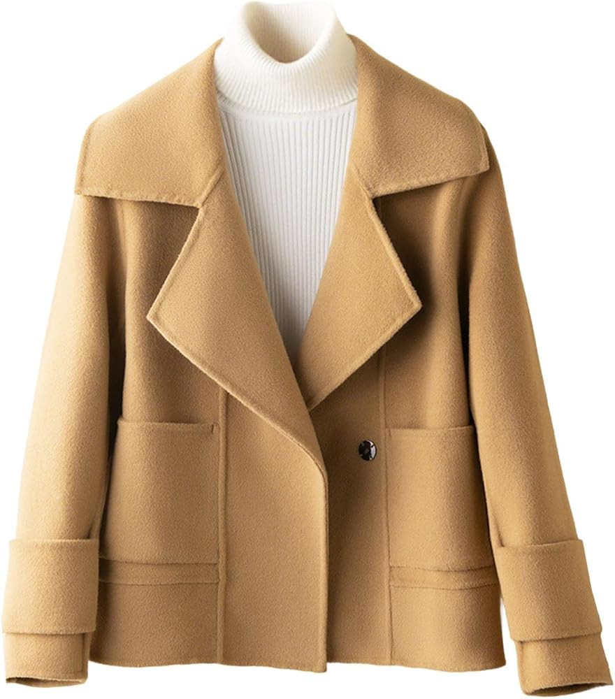 utcoco Womens Short Wool Pea Coat Notched Lapel Cropped Woolen Trench Coat with Pockets | Amazon (US)