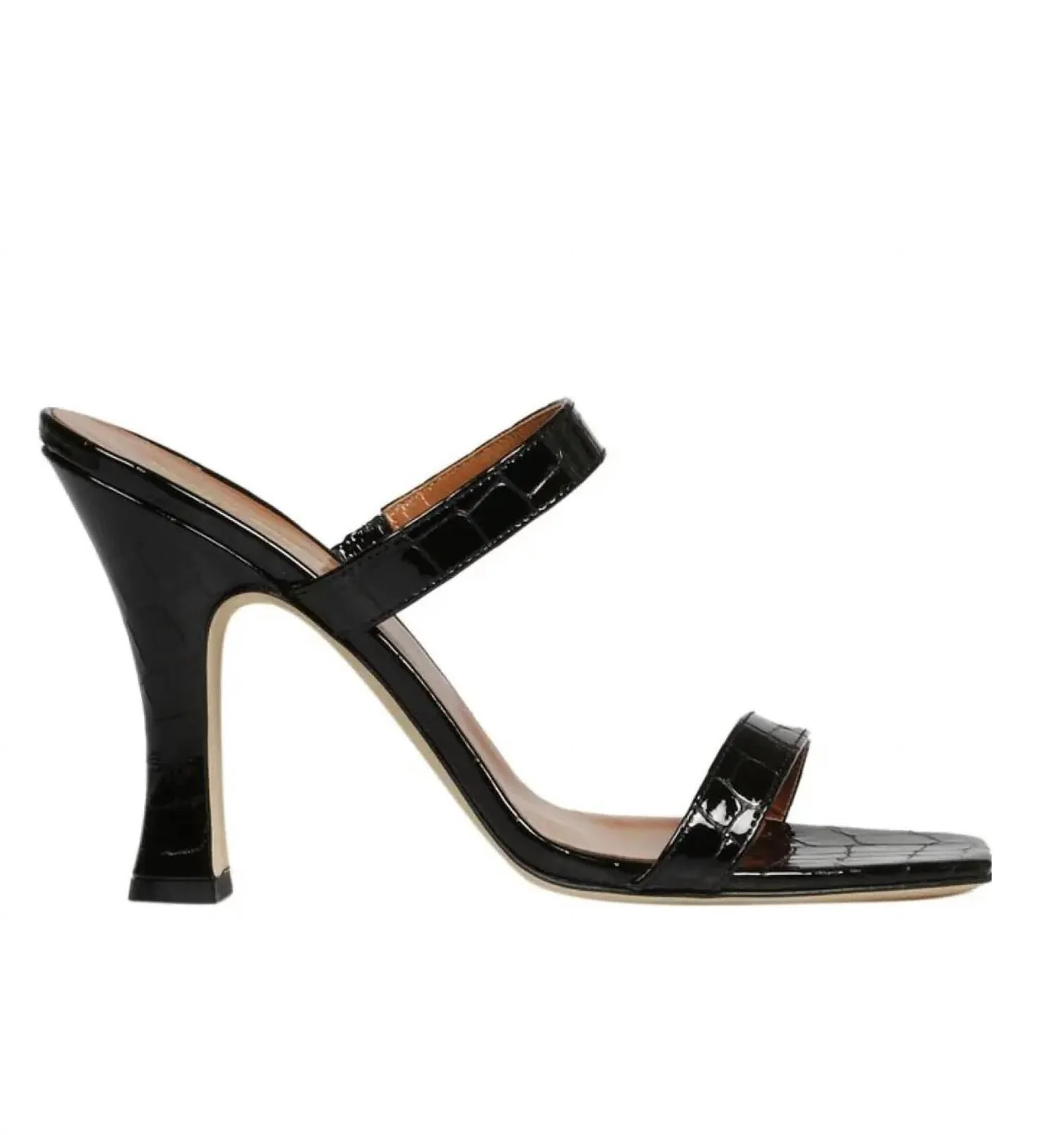 Patent Croco 2 Strap Mules In Black | Shop Simon