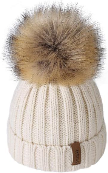 Kids Winter Knitted Pom Beanie Bobble Hat Cotton Lined Faux Fur Ball Pom Pom Cap Unisex Kids Bean... | Amazon (US)