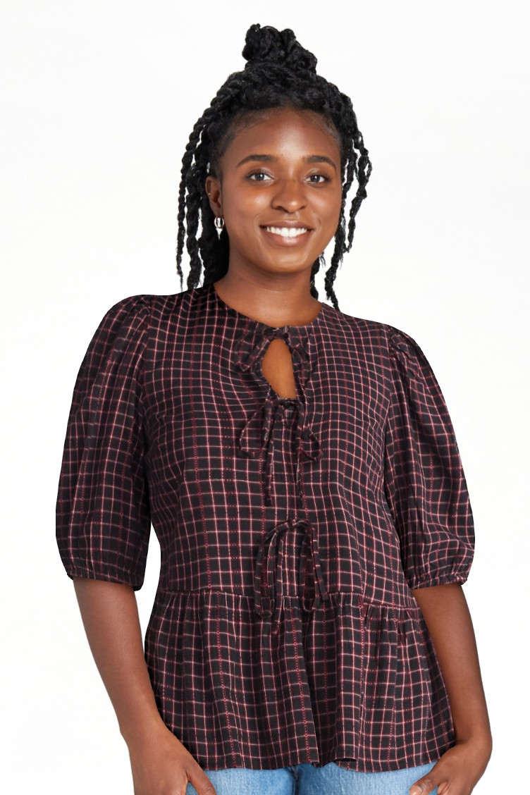 Time and Tru Women's Tie Front Peplum Top with Short Puff Sleeves, Size XS – XXXL | Walmart (US)