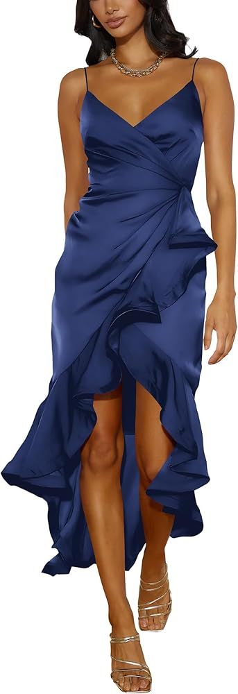 Nova In Sky Womens 2024 Sexy V-Neck Satin Party Cocktail Midi Dress Sleeveless Wrap Ruffle Mermai... | Amazon (US)