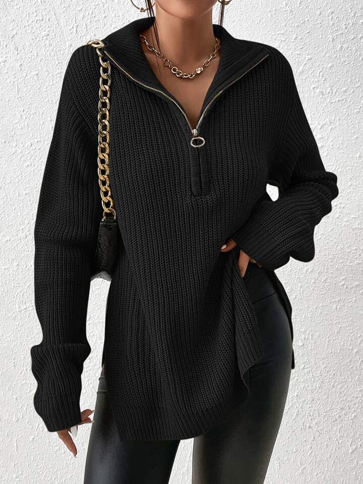 SHEIN Frenchy Half Zip Drop Shoulder Grain Black Sweater | SHEIN