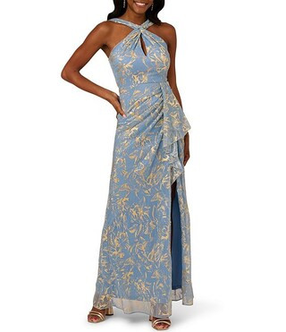 Metallic Crinkle Chiffon Halter Front Keyhole Column Gown | Dillard's