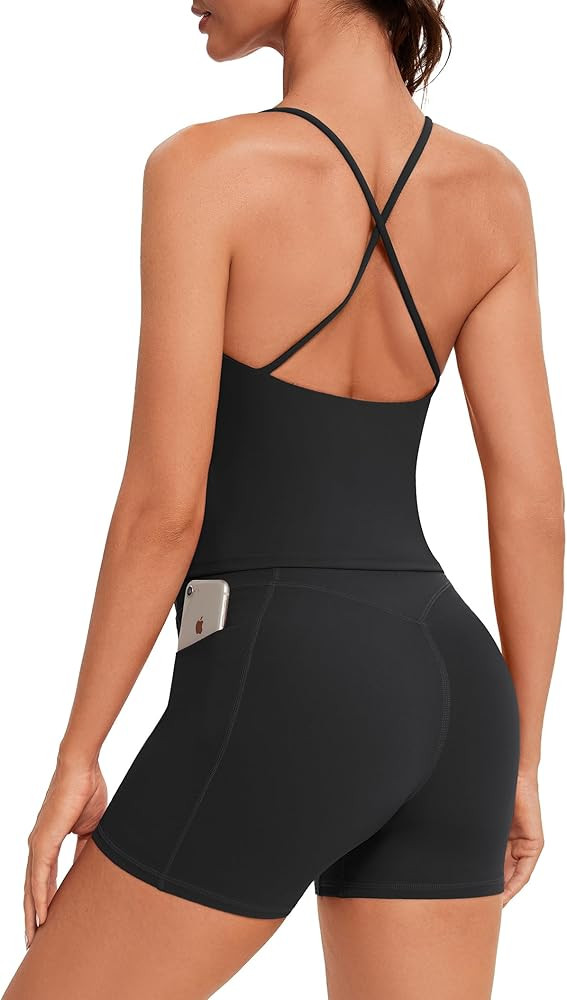 OMKAGI Workout Sets for Women Cute Spaghetti Strap Tank Tops Booty Shorts Outfits with Pockets | Amazon (US)