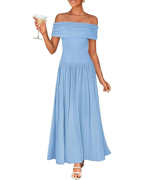 ZESICA Women's Off The Shoulder Maxi Dress 2026 Summer Sleeveless Casual Slim Swing Pleated Forma... | Amazon (US)