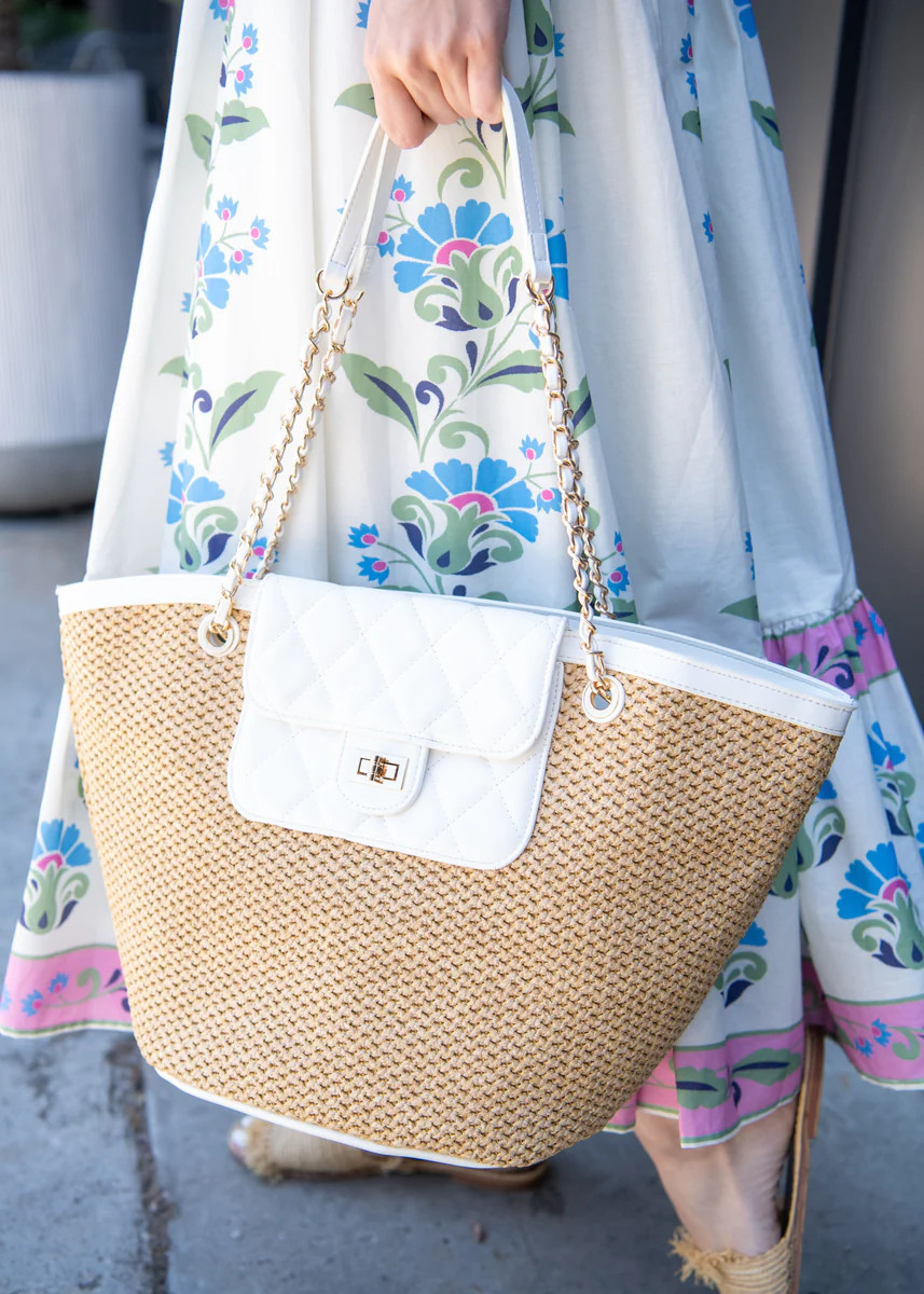 Jenny Woven Tote with Vegan Leather Accents - White | Benaar La