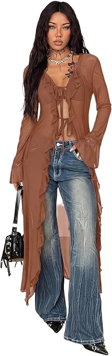 GORGLITTER Women's Sheer Long Duster Cardigans Mesh Tie Front Goth Top | Amazon (US)