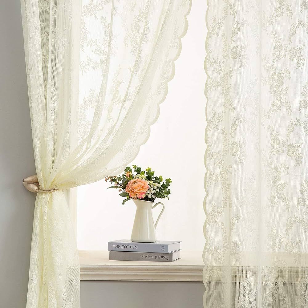 MIULEE Semi Sheer Lace Curtains 96 Inches Long for Bedroom, Embroidered Floral Tulle European Vin... | Amazon (US)