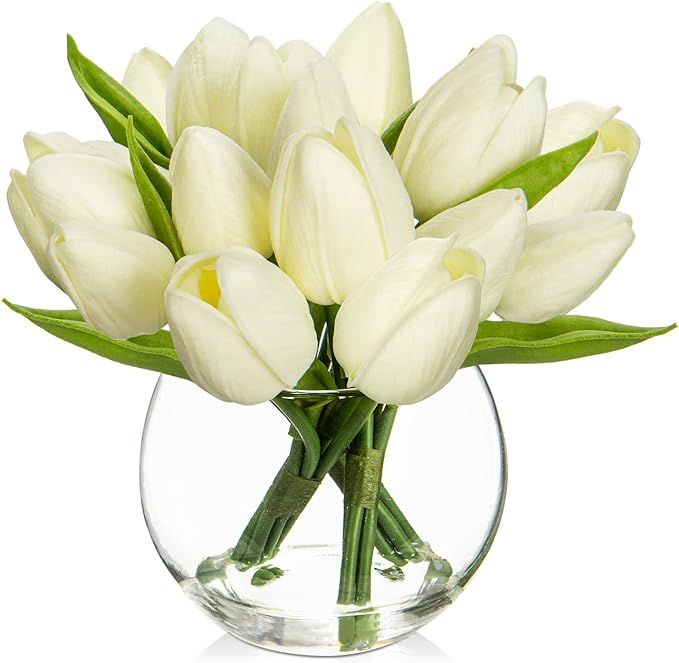 DILATATA Artificial White Tulips in Vase with Faux Water 6" Real Touch Flowers Fake Tulips Small ... | Amazon (US)